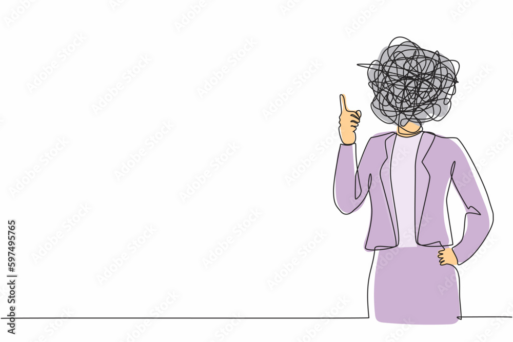 Poster single one line drawing businesswoman with round scribbles instead of a head. female manager represe