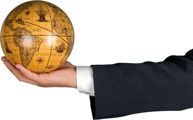 Closeup of Businessman Holding a Vintage Globe