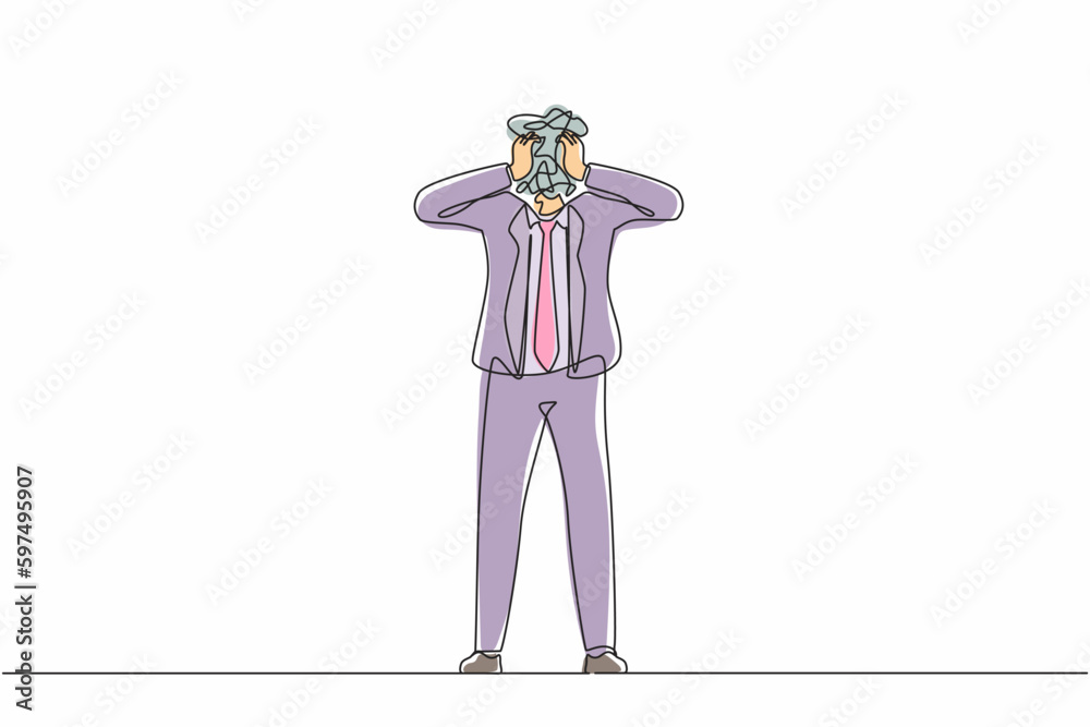 Poster single one line drawing businessman with round scribbles instead of a head. confused thoughtful pens