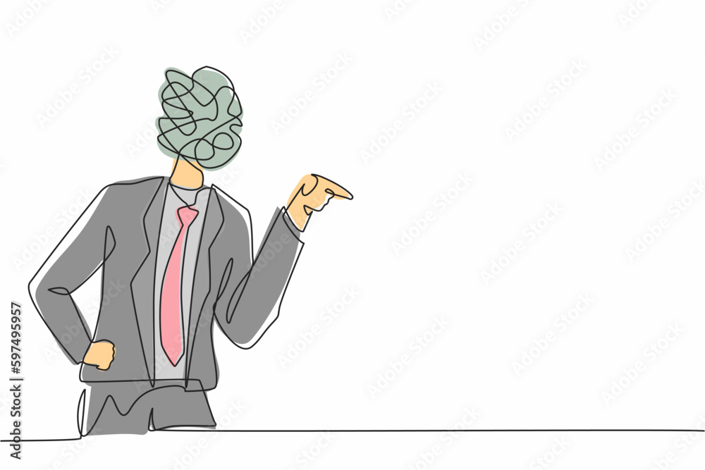 Poster single continuous line drawing businessman with round scribbles instead of head. angry worker arguin