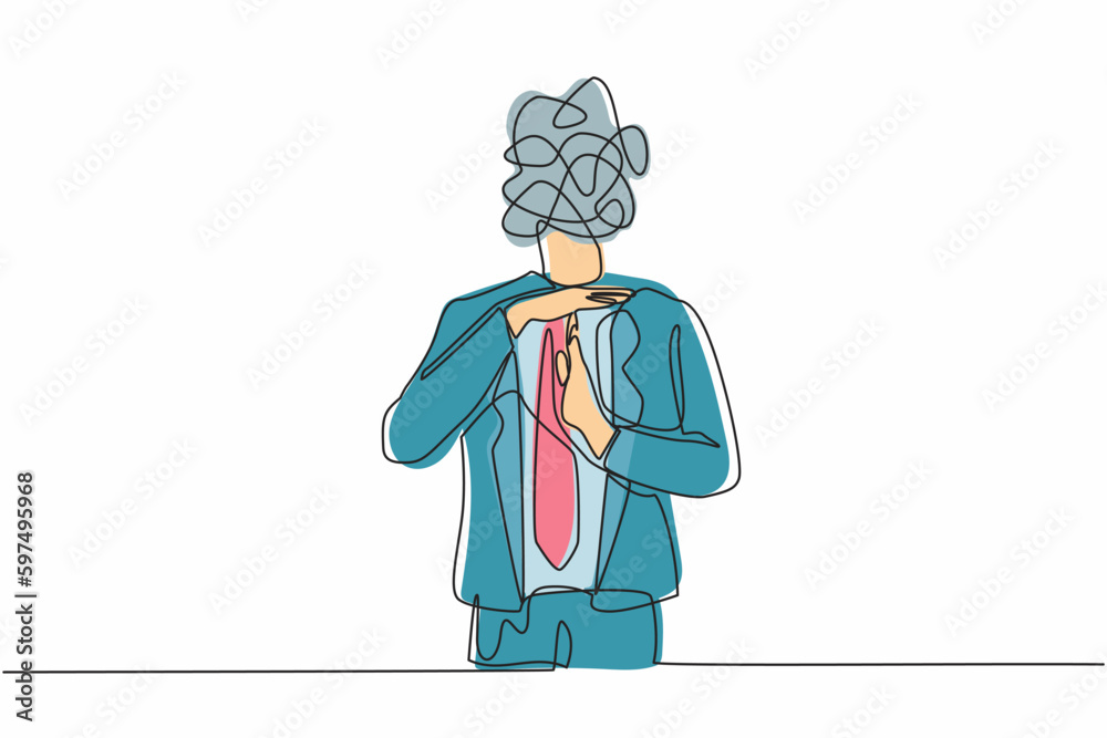 Poster single continuous line drawing businessman with round scribbles instead of head. stop working, time 