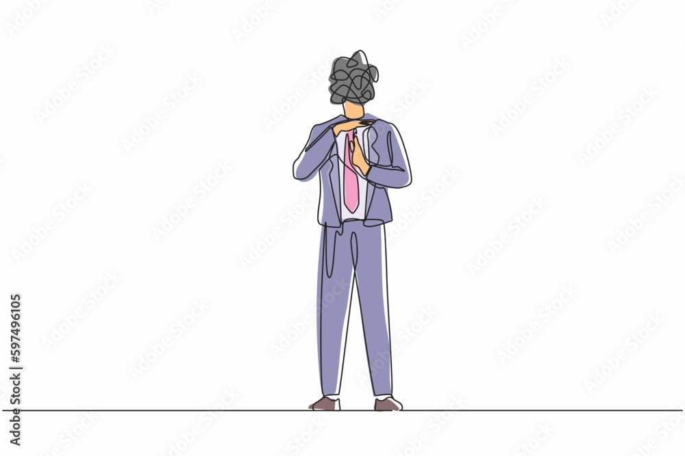 Poster continuous one line drawing businessman with round scribbles instead of head. stop working, time bre