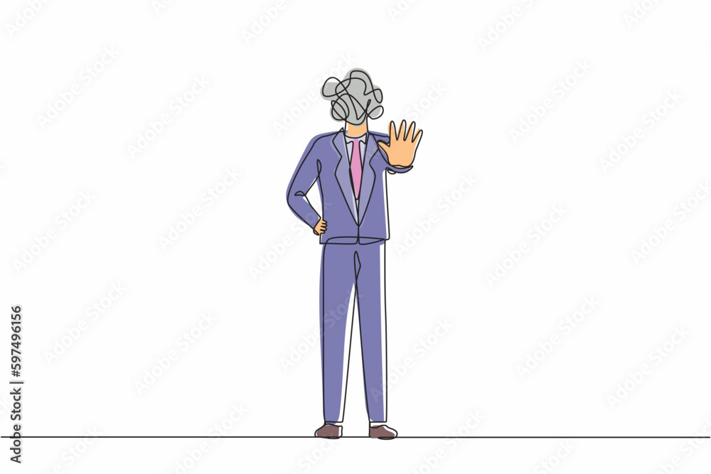 Poster continuous one line drawing businessman with round scribbles instead of head. angry business man or 