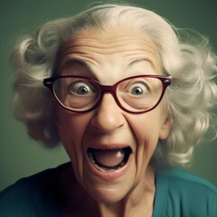 close up of silly surprised elderly woman's face isolated on green background, wide angle lens made with generative ai - obrazy, fototapety, plakaty