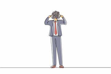 Single continuous line drawing businessman with round scribbles instead of a head. Male manager covering his ears with fingers. Person closing or plugging for loud noise. One line draw design vector