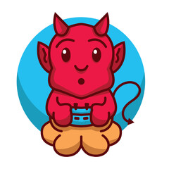 cute cartoon little devil holding pitchfork. funny red demon on pink background. colorful vector