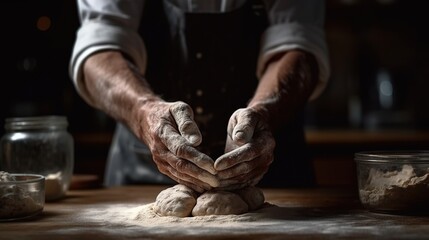 Close up hands of baker kneading dough, table messy with flour. Generative AI