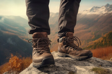 Close up of a Hiker's Feet Wearing Hiking Boots While Standing on a Mountain, Generative AI - 597496198