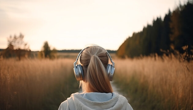 Back view woman in headphones in nature meditates, relaxes and takes care of mental health, AI generated