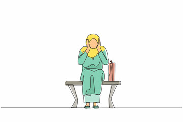 Single one line drawing sad Arabian businesswoman, depression. Lonely woman sitting on park bench. Young female character holding her head. Failure concept. Continuous line draw design vector graphic