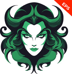 Woman demon , fantasy succubus vector women, green color. Isolated vector sign symbol
