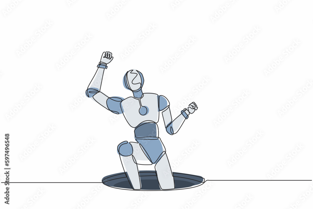 Poster single continuous line drawing robot fell into manhole underground sewer. robotics artificial intell