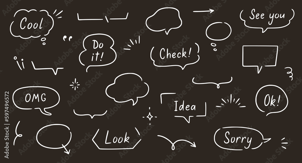Poster balloon text frame decoration set chalkboard background. simple hand drawn pen line speech bubble, c