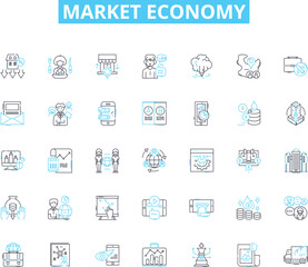 Market economy linear icons set. Profit, Competition, Demand, Supply, Free-market, Capitalism, Consumption line vector and concept signs. Entrepreneurship,Innovation,Efficiency outline illustrations