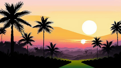 Fototapeta na wymiar Silhouette of palm trees at sunset background. Vector illustration.