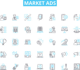 Market ads linear icons set. Promotion, Advertisement, Marketing, Branding, Targeting, Strategy, Analytics line vector and concept signs. Campaign,Conversion,CTR outline illustrations