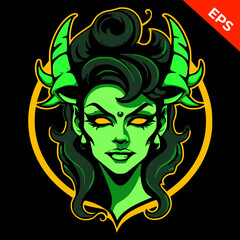 Cool sexy lady demon , daemonic fantasy succubus vector, green color. Isolated vector sign symbol