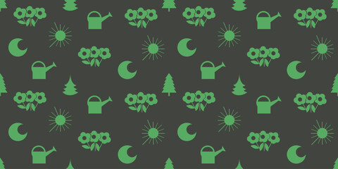 Seamless Texture of Green Flowers, Trees, Watering Cans and Suns  - Pattern on Dark Wide Scale Background Seasonal Wallpaper Design, Template for Web in Editable Vector Format