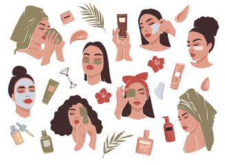 Woman Beauty Vector Set. Skincare Routine. Beautiful Girls with Face Mask, Eye Patches. Cream, Massage Gua