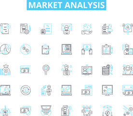 Market analysis linear icons set. Competition, Target audience, Trends, Demographics, Segmentation, Consumer behavior, Market size line vector and concept signs. SWOT analysis,Market share,Customer