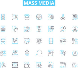 Mass media linear icons set. News, Journalism, Advertising, Radio, Television, Internet, Press line vector and concept signs. Magazine,Newspaper,Media outline illustrations