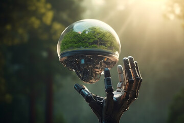 globe and tree in robotic hand as environment and nature. Generative AI