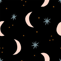 Obraz na płótnie Canvas Abstract night sky seamless pattern. Hand drawn Crescent and Stars vector texture. Celestial background in retro style