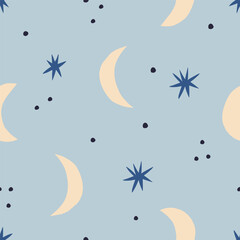 Abstract night sky seamless pattern. Hand drawn Crescent and Stars vector texture. Celestial background in retro style - 597497348