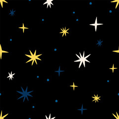 Abstract seamless texture with different Stars. Hand drawn star background in retro style. Vector dreamy sky pattern  - 597497358