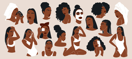 Woman Vector Illustration Set. Beautiful Girls Dark Skin. Modern Female Collection. - 597497364