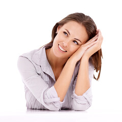 Happy, thinking and woman with ideas, opportunity and thinker isolated against a transparent background. Female model, person and girl with happiness, wonder and thoughts with option, choice and png