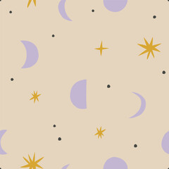 Fototapeta na wymiar Moon and Stars seamless pattern. Vector celestial texture with different Moons and shiny Stars. Abstract Lunar background