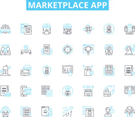 Marketplace app linear icons set. Commerce, Transaction, Buying, Selling, Platform, Trade, Exchange line vector and concept signs. Community,Share,Listings outline illustrations