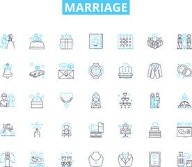 Marriage linear icons set. Vows, Commitment, Partnership, Love, Ceremony, Ring, Unity line vector and concept signs. Bliss,Bond,Forever outline illustrations