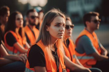 Fototapeta premium demonstrating protesting young people on the street and block the street, warning vests. Generative AI