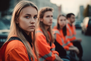 Fototapeta premium demonstrating protesting young people on the street and block the street, warning vests. Generative AI