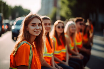 demonstrating protesting young people on the street and block the street, warning vests. Generative AI