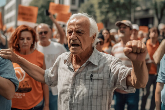Elderly mature men and women protest demonstrating in a street demonstration. Generative AI