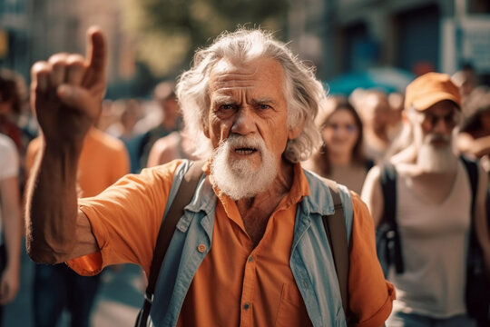 Elderly mature men and women protest demonstrating in a street demonstration. Generative AI