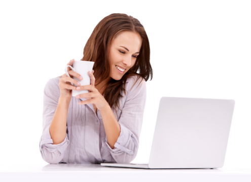 Business, smile and woman with a laptop, promotion and opportunity with girl isolated against a transparent background. Female person, happy lady and entrepreneur with technology, coffee and png - Powered by Adobe