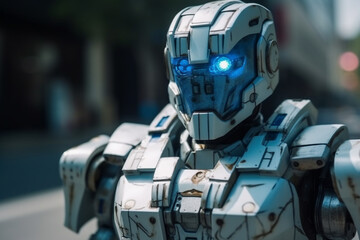 robot policeman stands in observation position in a city on a street. Generative AI