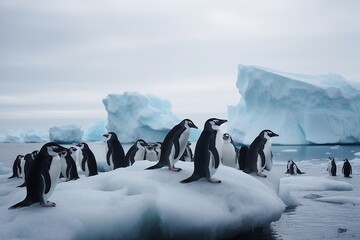 Adorable Chinstrap Penguins: A Group of Playful Birds on an Iceberg in Antarctica