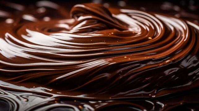 The glossy texture of a chocolate ganache dessert. AI generated