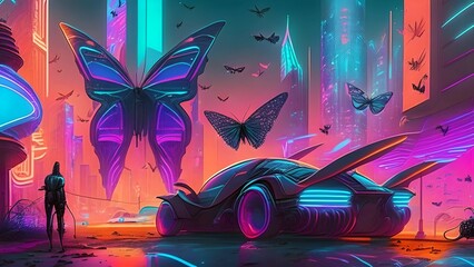 Futuristic Cyberpunk Abstract Background with Cyber Butterflies and Cyber town Car