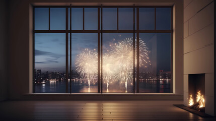 Panoramic window with fireworks background. Ai generative - obrazy, fototapety, plakaty