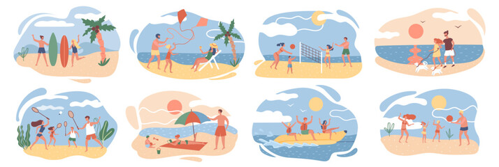 Active family on the beach. Young family play beach volleyball, tennis, walking the dogs, surfing, banana riding. Family on summer vacation