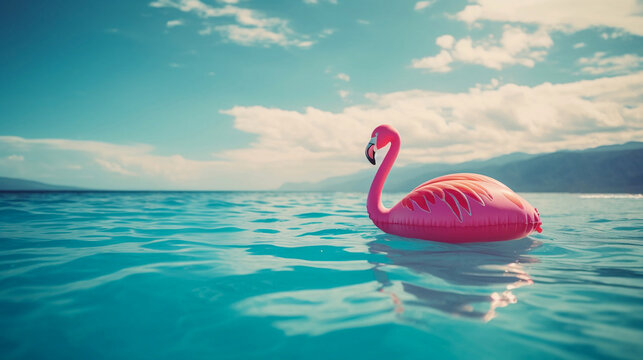 Sea and Sunshine: Flamingo Float in the Azure Blue. Ai generative