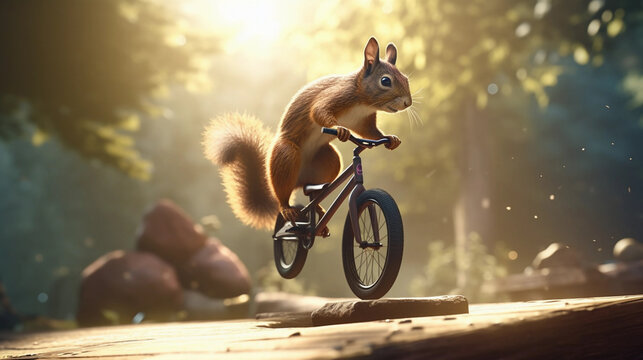 Squirrel doing stunts on bike. Ai generative