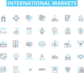 International markets linear icons set. Globalization, Trade, Export, Import, Cross-border, Exchange, Multinational line vector and concept signs. Diversity,Integration,Outsourcing outline