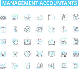 Management accountants linear icons set. Analysis, Budgeting, Compliance, Decision-making, Efficiency, Financial, Forecasting line vector and concept signs. Governance,Growth,Innovation outline